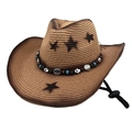Foldable straw western cowboy hat with star patterns and bohemian bead decoration - M (56-58cm) / Khaki