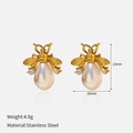 Golden honey bee earrings with white teardrop pearls crafted in high-quality stainless steel - Gold Bee Pearl Drop Earrings