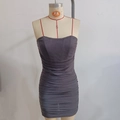 Slim fit dark grey ruched bodycon mini dress with thin straps and textured pleats - XS / Black