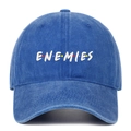 Detailed embroidery of ENEMIES text with colorful dots on washed denim baseball cap - Dark Blue