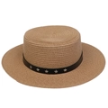 Flat top wide brim straw hat in tan with black band and silver star metal accents - Five-pointed Star Studded Band Style (301K)