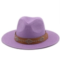 Detail of purple woven straw jazz hat with a brown leather studded band and rivets - M (56-58cm) / Taro Purple