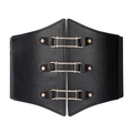 Women's vintage wide elastic waist belt with black leather and gold metal buckles - Square Buckle Style