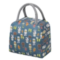 Navy blue insulated lunch bag with cartoon animal patterns and grey woven handles - Grey Blue Rabbit