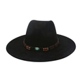 Black western cowboy hat with wide brim featuring a decorative turquoise stone band - One Size / Black (Wood Beads Blue Stone)