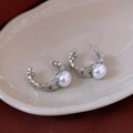 Silver needle C-shaped flower earrings with white pearls and sparkling zircons - Silver Branch Leaf Pearl