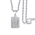 Polished silver square pendant with embossed letter M on a thick rope chain necklace - Silver - M