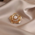 Elegant gold flower brooch with white pearl center and sparkling rhinestone petals - Camellia #462