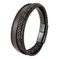 Men's multi-layer woven brown leather bracelet with black magnetic metal clasp - 19cm / Coffee