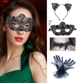 Halloween black lace cat ears headband mask collar and gloves four-piece accessory set - 018 Black Set (Include Headband/Mask/Mesh Gloves/Choker)