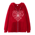 Red zip-up hoodie featuring a white heart spider web graphic print on center front - Red (Spider Web Heart)