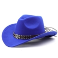 Detail of royal blue felt cowboy hat with vintage brown leather band and metallic studs - Sapphire Blue