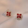 Golden clover stud earrings with red marquise stones and zircon accents - Four-Leaf Clover Style (E0320) / Red