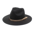 Women's black straw sun hat with wide brim and gold decorative band for sun protection - M (56-58cm) / Black