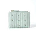 Minimalist mint green quilted short wallet with white floral embroidery and zipper - Green