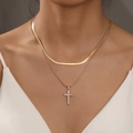 Double-layer gold necklace set featuring flat snake chain and pavé crystal cross pendant - Gold Double Layer Snake Bone Rhinestone Cross Necklace