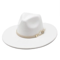 Classic white wool felt fedora hat with a wide brim and decorative golden metal buckle - M (56-58cm) / White