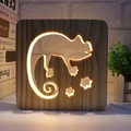 Square solid wood 3D night light with hollow chameleon carving and warm LED glow - Chameleon/15cm