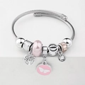 Pink charm bracelet with tree of life and butterfly pendants on silver cable wire band - C1-018 Pink