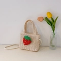Kids beige straw crossbody bag with cute red strawberry detail and dual handle - Off-white Strawberry