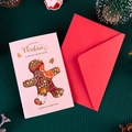 Pink gingerbread cut-out Christmas card set with a vibrant red envelope and festive patterns - Beige Gingerbread Man - Card & Envelope Set