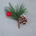 Close-up of artificial pine needle branch with red berry and snow-tipped pine cone - 6*8cm With Plastic Pine Cones