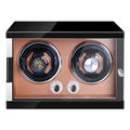 Dual automatic watch winder in black piano finish with brown leather interior and two rotors - 2 Slots / Black Lacquer & Brown PU