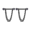 Detail view of black stainless steel nipple rings with double layer hanging chains - Black Ball Chain Style