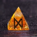 Yellow crystal resin pyramid with gold metal wire and energy symbol for desk decor - Dawn - Windfall & Wealth