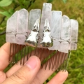 Handmade metal hair comb with pink crystal points and decorative metal crow skulls - Rose Quartz + Silver Crow Skull
