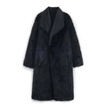 Abrigo largo de piel sintética negra para mujer con solapas grandes y textura muy suave - S / Negro