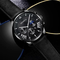 Men's Geneva quartz watch with black leather strap and Roman numerals dial display - Black Strap Silver Needle Single Watch