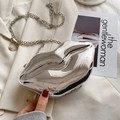 Creative silver lip-shaped clutch bag with shiny metallic finish and long chain strap - Silver