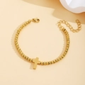 Pulsera minimalista de cuentas de acero inoxidable de 4mm con cruz y cadena ajustable - Dorado