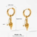 Detailed view of gold starfish and shell earrings with product dimensions and pearl material - Small Spiral Conch Gold (D3068)