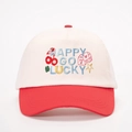 Weiße und rote Baseballkappe mit Happy Go Lucky Stickerei und Würfelmotiven - Off-White Geteiltes Rot