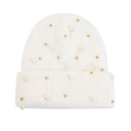 Women's white chunky cable knit beanie featuring elegant pearl and gold bead accents - Pure White