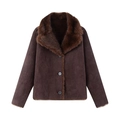 Deep brown faux fur jacket with large lapels and button closure shown on white background - XS / Brown