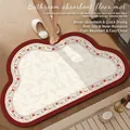 Red wave border bath mat with floral pattern on white background for bathroom decor - American Cloud Style - E