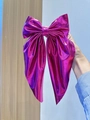 French style elegant pink metallic bow hair clip with long ribbons for party hairstyles - Rose Pink