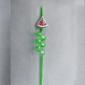 Detailed view of a green spiral plastic straw featuring a glitter watermelon slice ornament - Watermelon 1