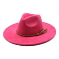 Rose red faux suede fedora hat with wide brim and brown braided leather band detail - M (56-59cm) / Rose Red Faux Suede