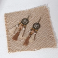 Detailed view of bohemian feather fringe earrings on natural linen background - Brown and Beige Bronze Tassel Style(E4580-2)