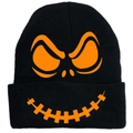 Black knit beanie with orange pumpkin skull face design for Halloween outdoor skiing - Black Orange Pumpkin Skull Face Style (黑色-D)