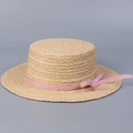 Detailed side view of a natural raffia straw boater hat featuring a pink bow - M(56-58cm) / Light Pink