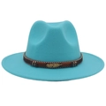 Sky blue wool fedora with brown braided band, colorful beads and golden feather accent - Lake Blue