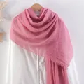Solid rose pink cotton linen scarf with wrinkled texture and fringe edge trim - Pink