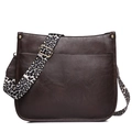 Dark brown PU leather crossbody bag featuring a stylish leopard print wide strap - Coffee