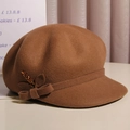 Elegant wool newsboy cap in caramel brown with bow decoration and metallic accent - M(56-58CM) Adjustable / Dark Camel