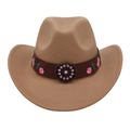 Detail of camel wool cowboy hat with floral embroidery and vintage metal turquoise stud - Camel (Pink Flower Leather Band)